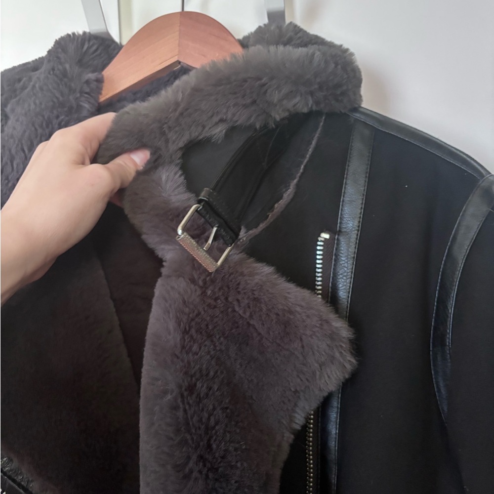 Zara Black Jacket with Dark Gray Faux Shearling Trim - Picture 4 of 6